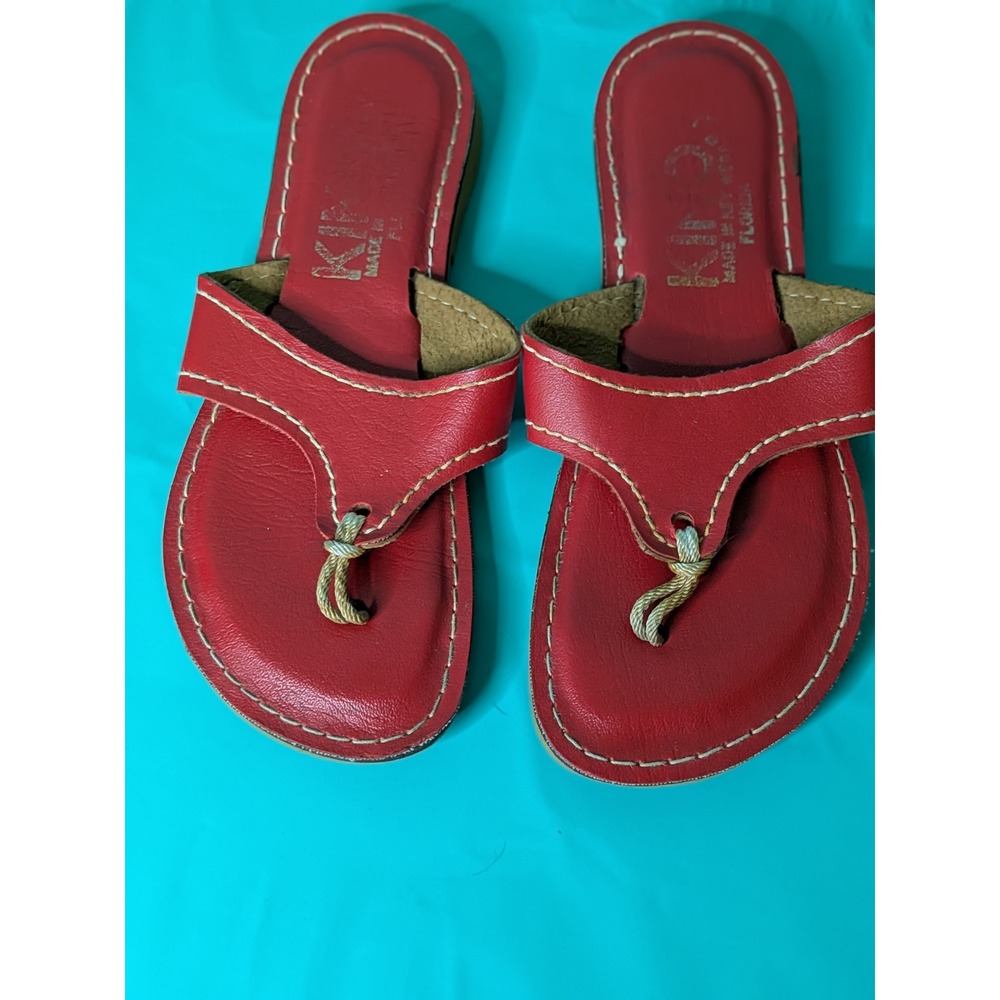 Kino Sandals Red Leather Thong Flip Flops Key West Florida Women 8 Flat Slip On